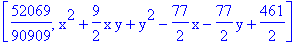 [52069/90909, x^2+9/2*x*y+y^2-77/2*x-77/2*y+461/2]